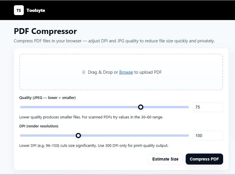 Toolsyte PDF Compressor tool interface